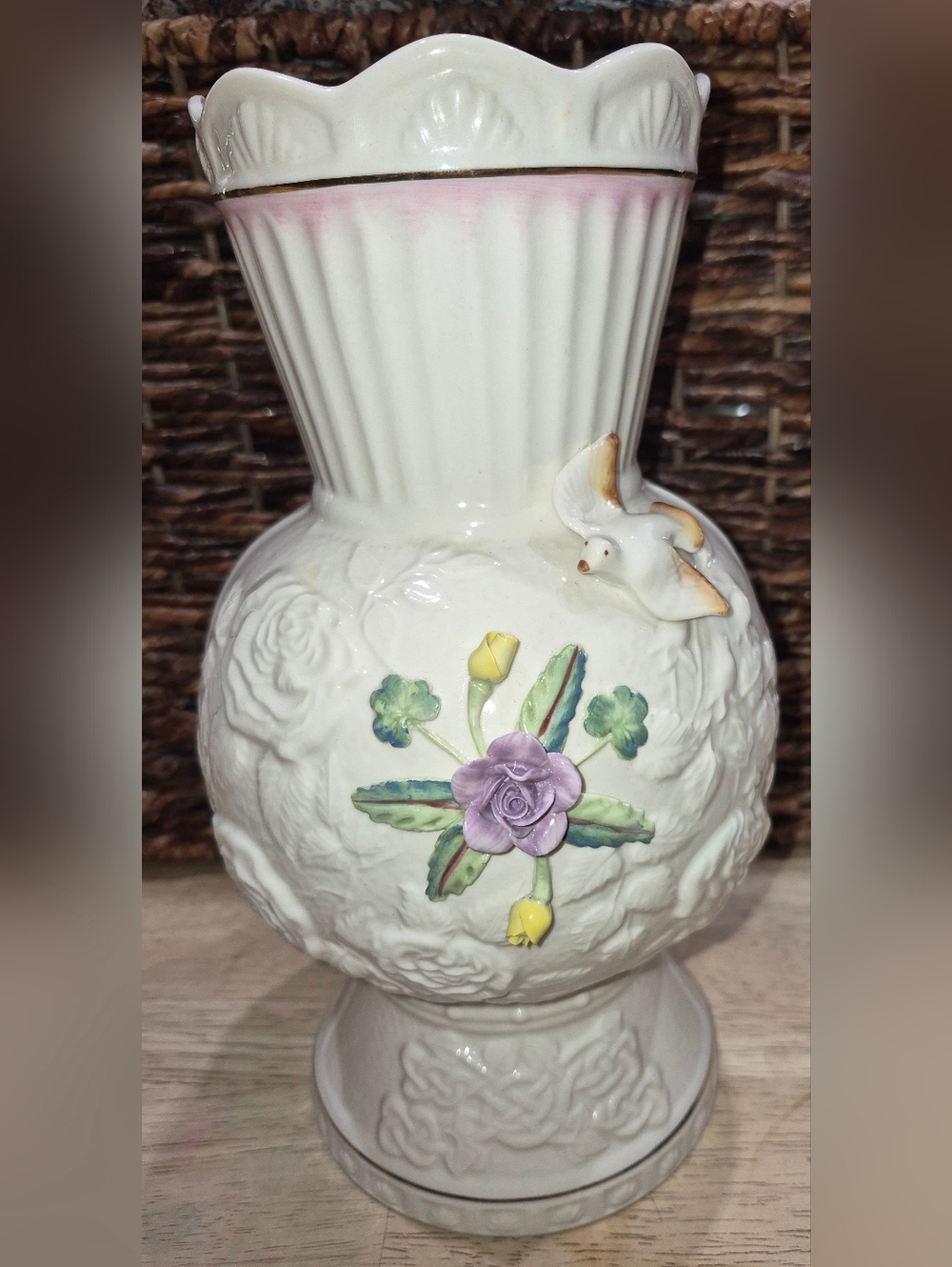 Belleek Songbird Vase, a 10-inch tall Collectible Porcelain piece, Like NEW